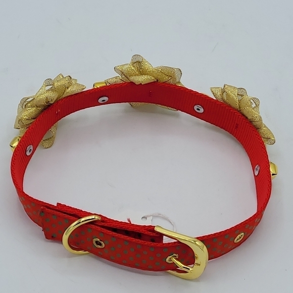 Dog Collar Jingle Bell Red Green Polkadot and Gold Bows Bells. - Picture 8 of 14